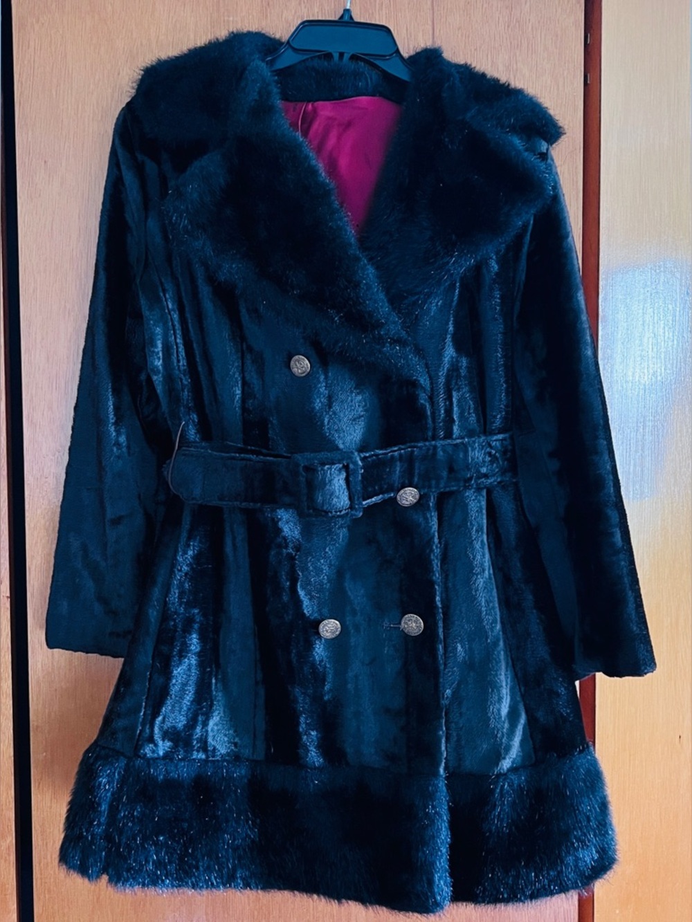 Women's Black Faux-Fur Double-Breasted Coat with Belt